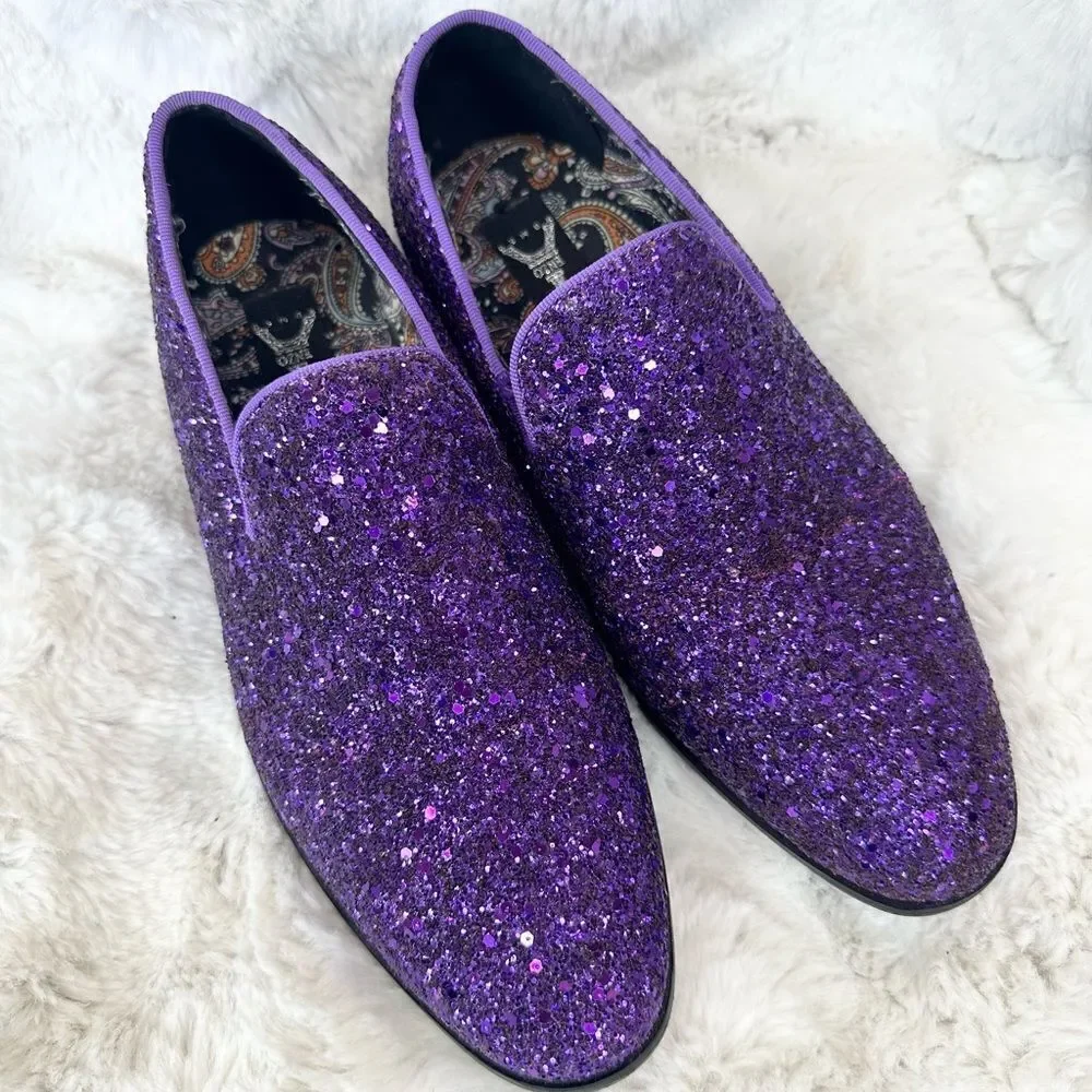Enzo Romeo Mens Sparko Purple Glitter Slip On Tuxedo Dress Loafers Shoes 6.5
